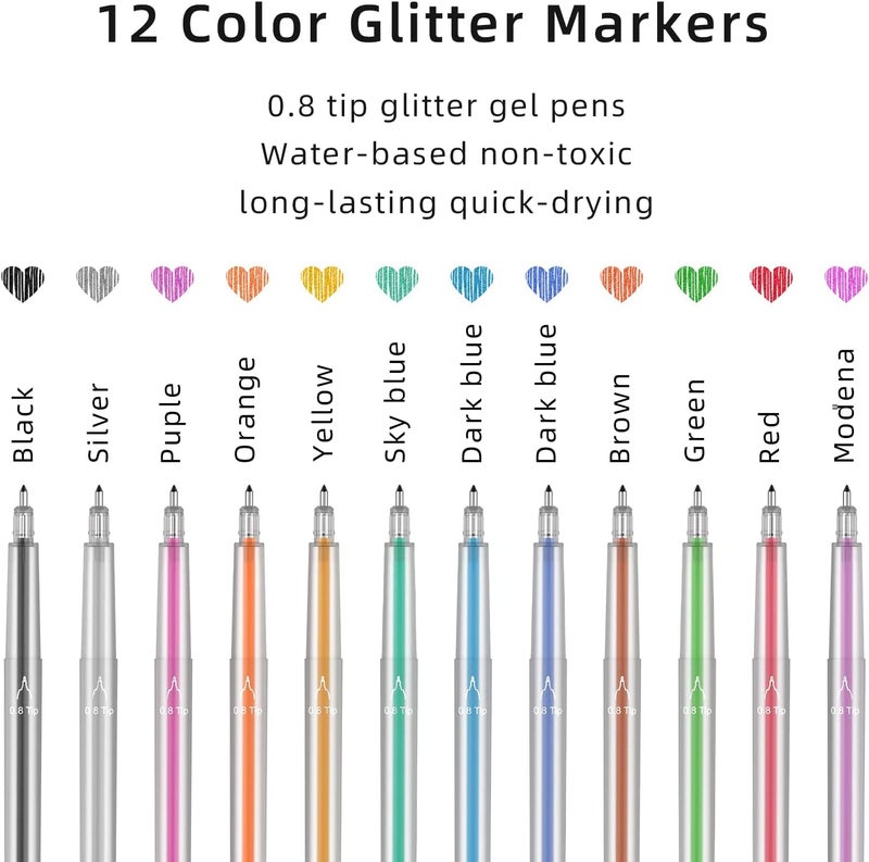 welebar Glitter Gel Pen Set Compatible with Cricut Maker 3/Maker 4/Maker/Explore 3/Explore 4/Air 2/Air, 0.8 Tip Glitter Pen Set of 12 Pack Medium Point Pen, Writing, Drawing, Invitations, Cards - Image 4